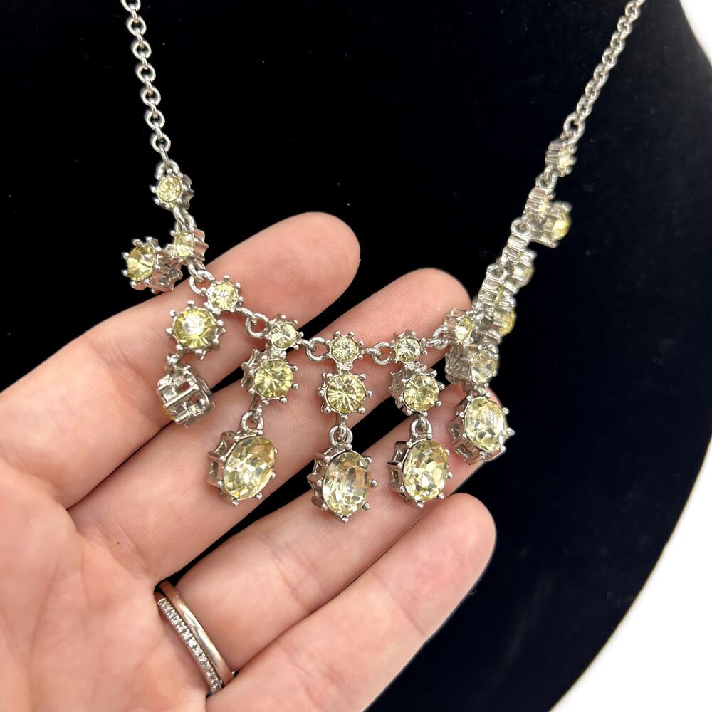 Vintage Rhinestone Bib Necklace Champagne Crystal Style Silver Tone Jewelry - Picture 2 of 6